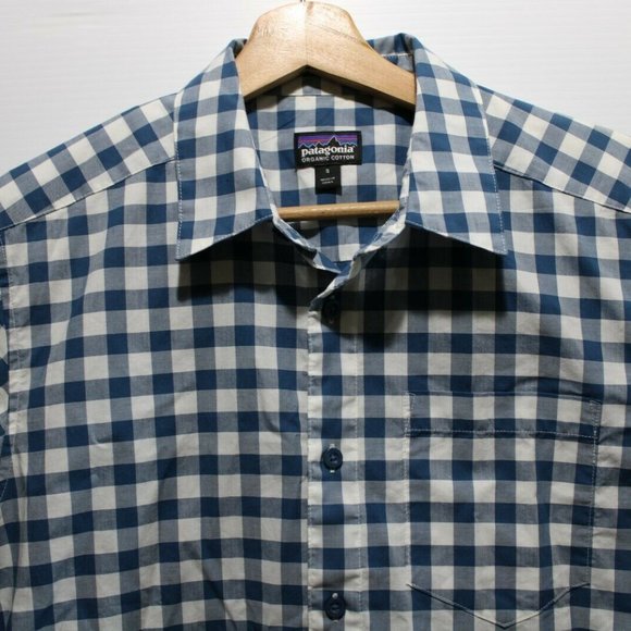 Patagonia Mens Small Organic Cotton Blue Short Sleeve Button Up Plaid Shirt - Picture 4 of 4